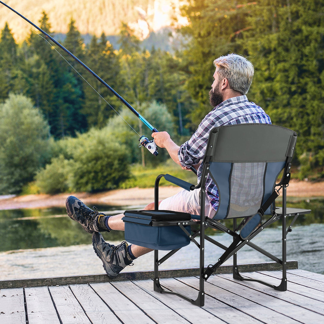 Folding Camping Directors Chair with Cooler Bag and Side Table-Blue