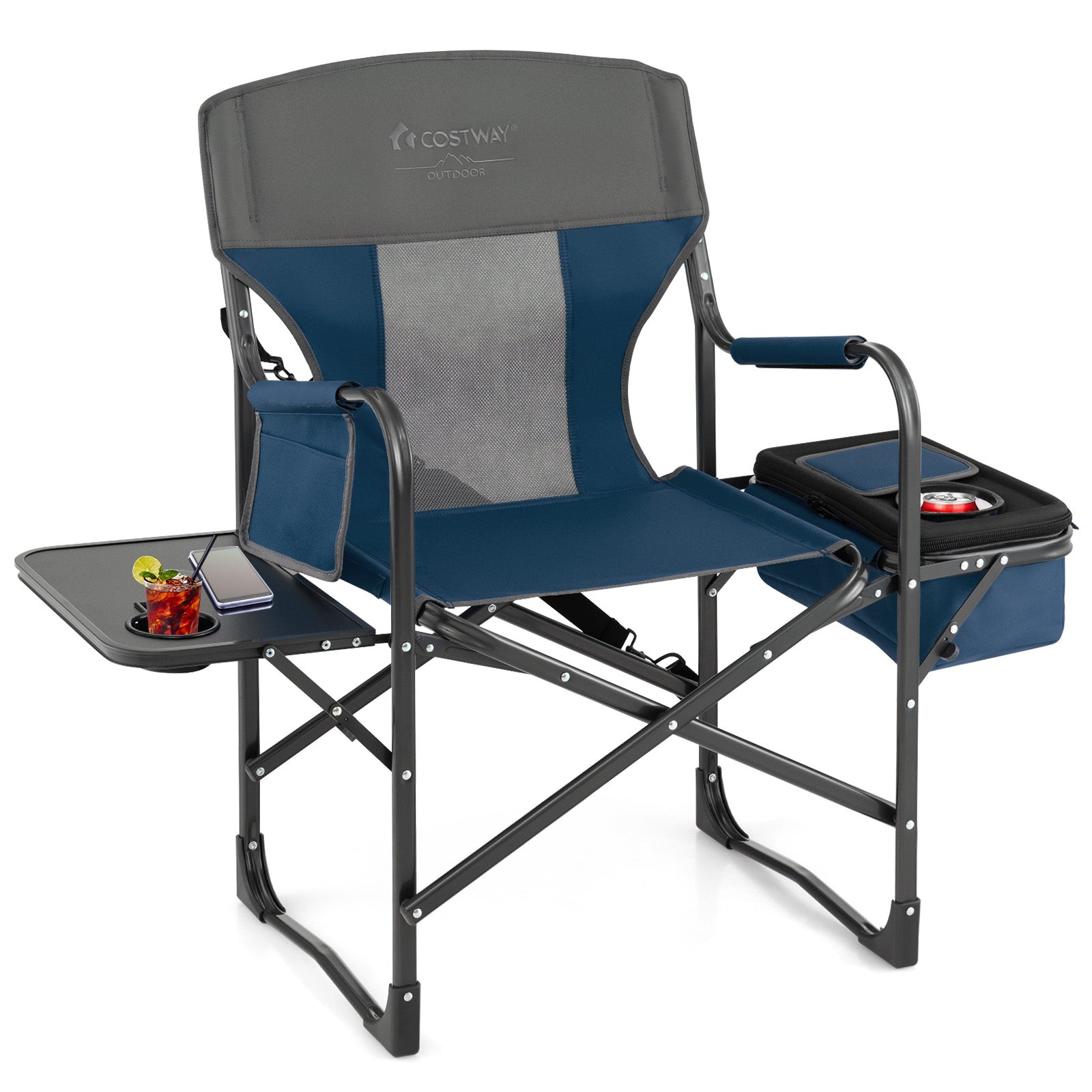 Folding Camping Directors Chair with Cooler Bag and Side Table-Blue