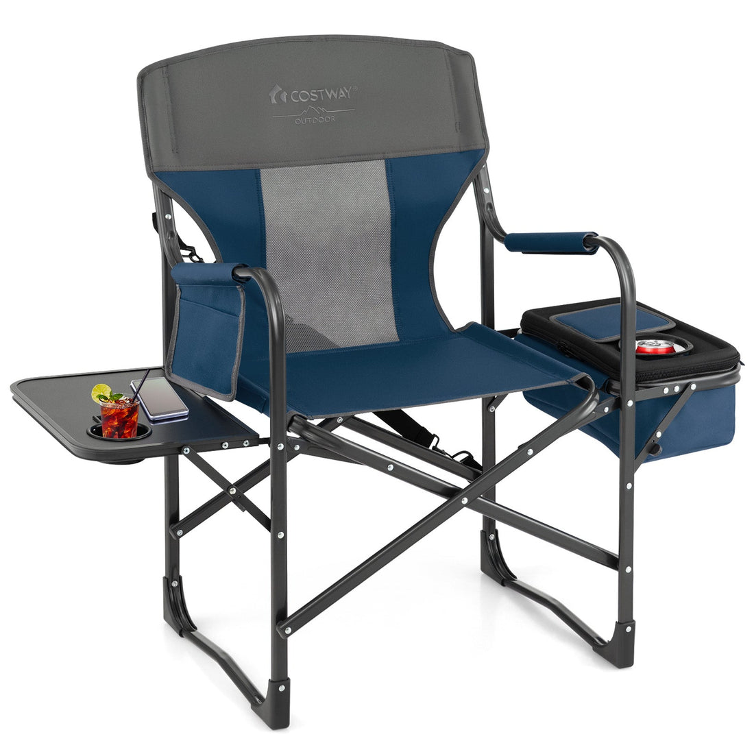 Folding Camping Directors Chair with Cooler Bag and Side Table-Blue