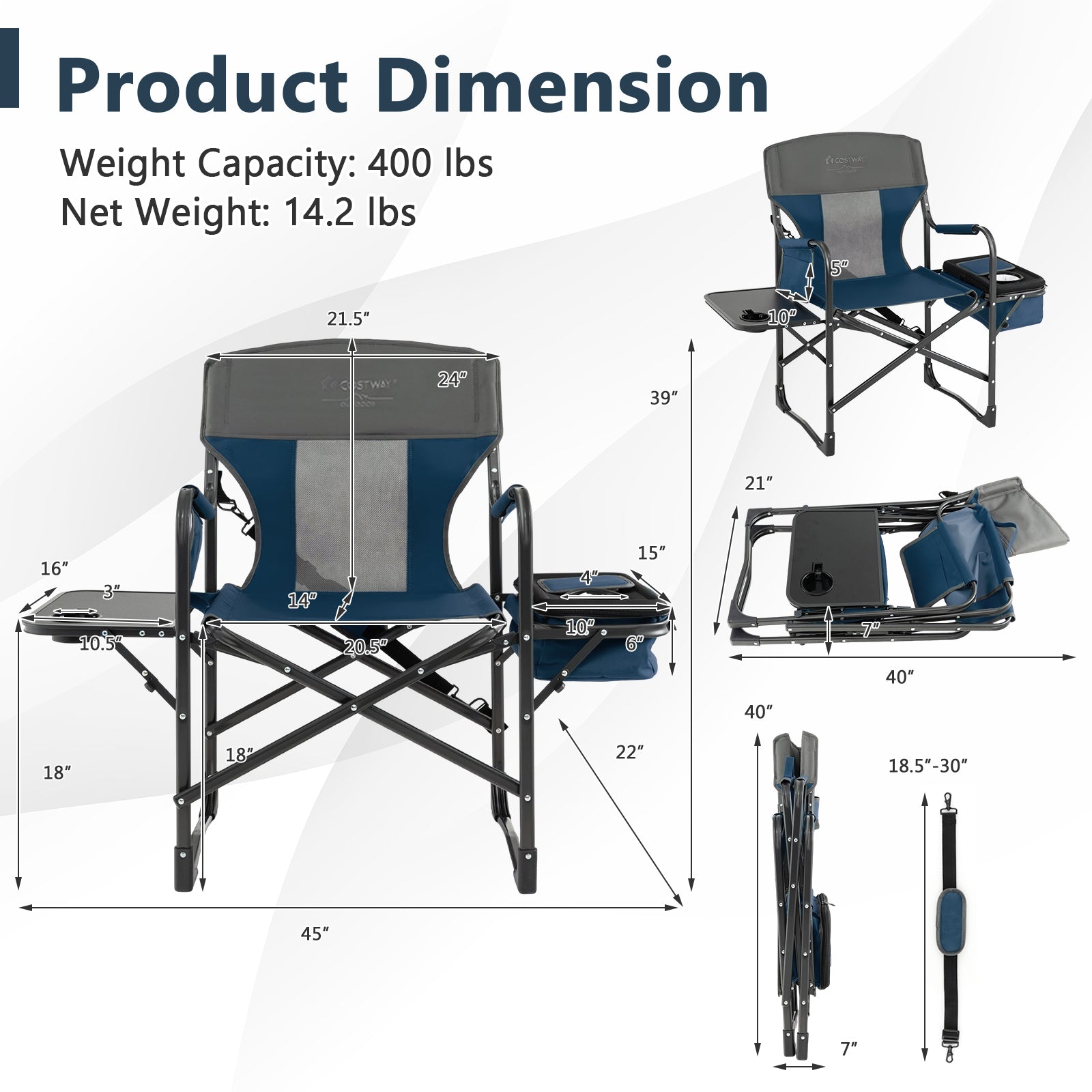 Folding Camping Directors Chair with Cooler Bag and Side Table-Blue