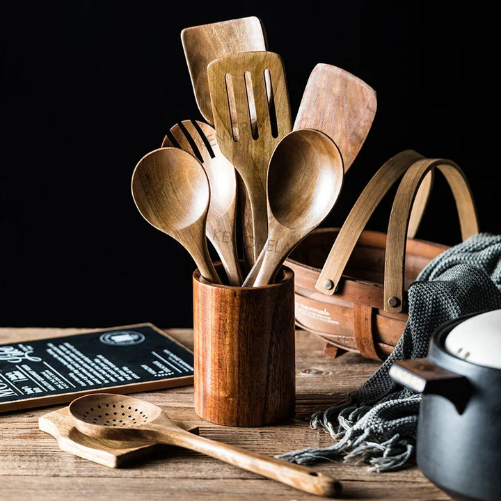 DecorBites™ 9-Piece Wooden Cooking Utensils Set with Holder - Teak Kitchen Tools