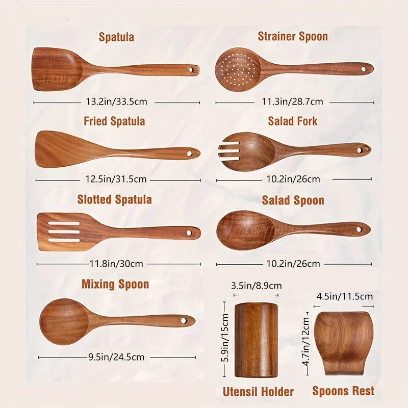 DecorBites™ 9-Piece Wooden Cooking Utensils Set with Holder - Teak Kitchen Tools