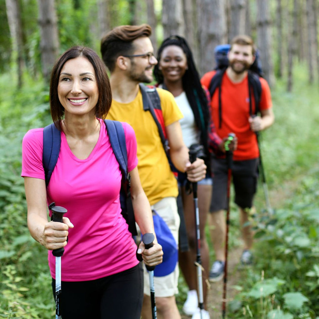 Group of people hiking in a forest